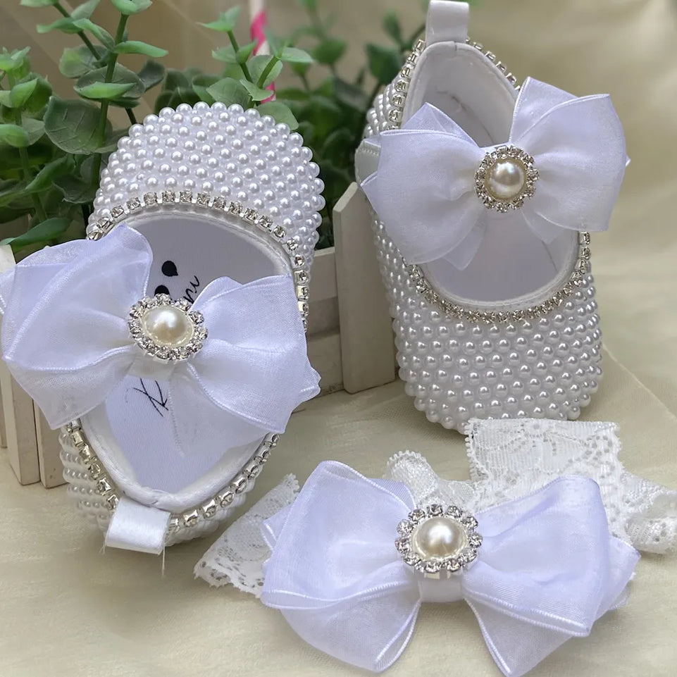 Dollbling Handmade White Pearls Bling Rhinestone Baby Crib Shoes Christening Outfit Wedding Sparkle Organza Baptism 0-3m Shoes