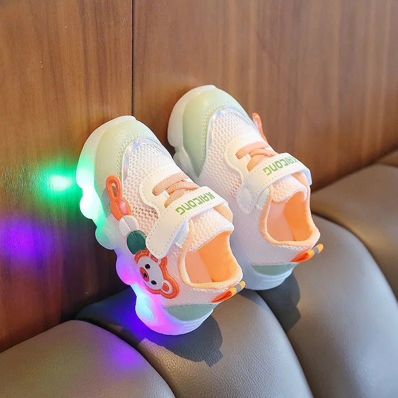 Children's Single Mesh Shoes 2023 Summer Baby Soft Sole Walking Shoes LED Illuminated Baby Hollow Breathable Board Shoes Bebes