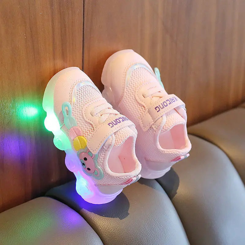 Children's Single Mesh Shoes 2023 Summer Baby Soft Sole Walking Shoes LED Illuminated Baby Hollow Breathable Board Shoes Bebes